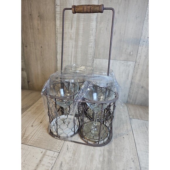 Rustic Wire Picnic Caddy with 6 Glass Holders & Wooden Handle – Farmhouse Style - Picture 2 of 2